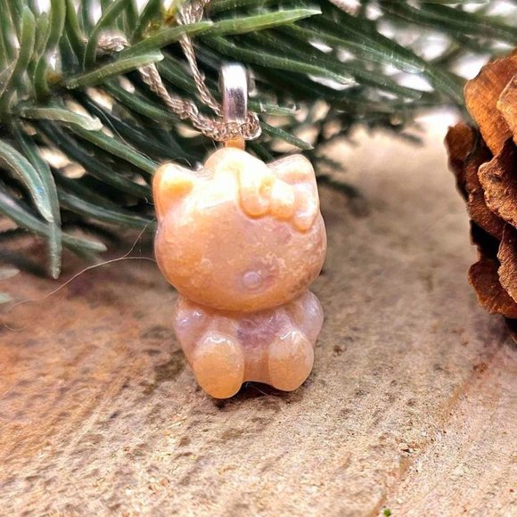Nature Chrysanthemum Coral Stone Carved Hello Kitty Pendant Necklace - Picture 2 of 10